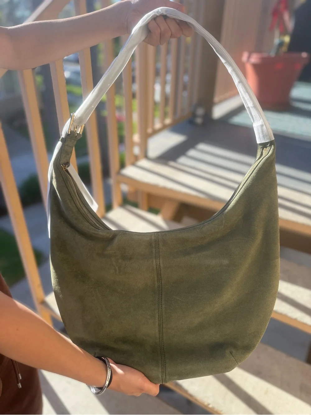 Quince Italian Suede Crescent Shoulder Bag Color - Olive